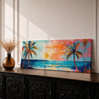 Panoramic tropical beach painting featuring tall palm trees framing a glowing sunset over turquoise ocean waves, with warm orange and pink sky tones reflecting across the water and expressive brushstrokes creating a vibrant coastal seascape scene.