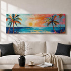 Panoramic tropical beach painting featuring tall palm trees framing a glowing sunset over turquoise ocean waves, with warm orange and pink sky tones reflecting across the water and expressive brushstrokes creating a vibrant coastal seascape scene.