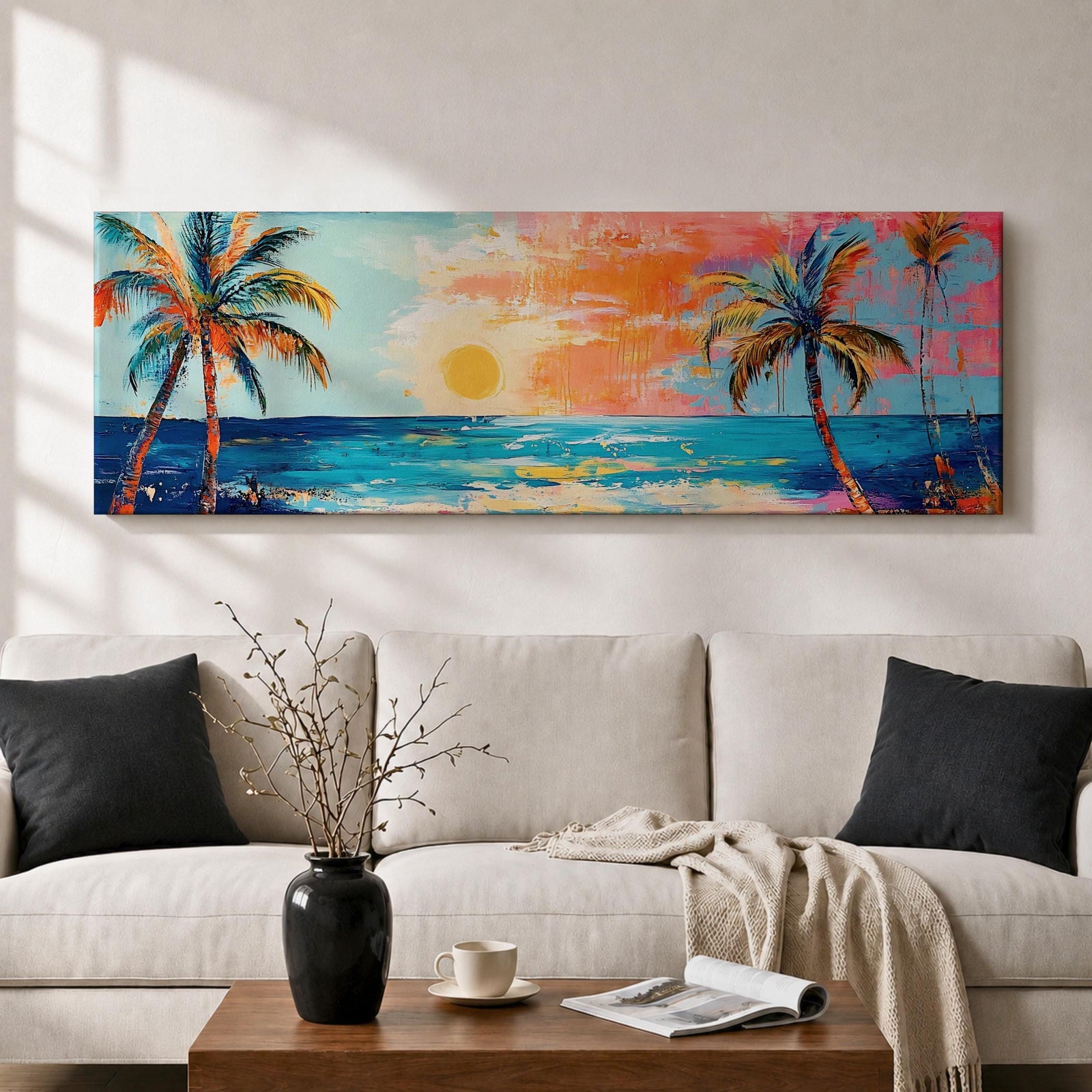 Panoramic tropical beach painting featuring tall palm trees framing a glowing sunset over turquoise ocean waves, with warm orange and pink sky tones reflecting across the water and expressive brushstrokes creating a vibrant coastal seascape scene.