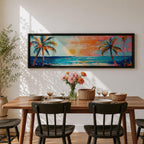 Panoramic tropical beach painting featuring tall palm trees framing a glowing sunset over turquoise ocean waves, with warm orange and pink sky tones reflecting across the water and expressive brushstrokes creating a vibrant coastal seascape scene.