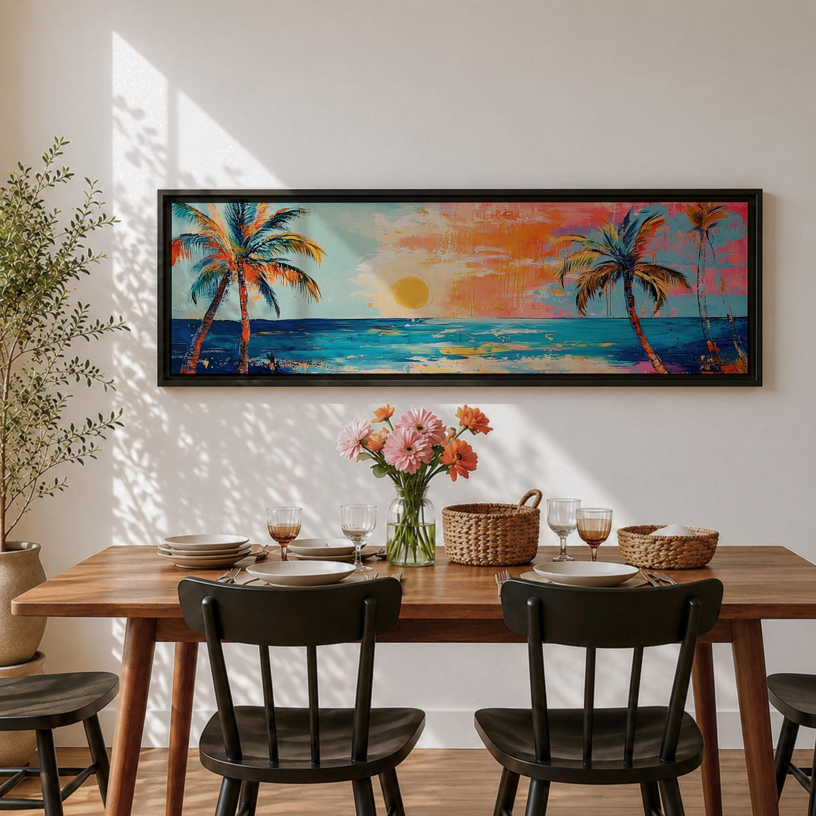 Panoramic tropical beach painting featuring tall palm trees framing a glowing sunset over turquoise ocean waves, with warm orange and pink sky tones reflecting across the water and expressive brushstrokes creating a vibrant coastal seascape scene.