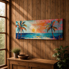 Panoramic tropical beach painting featuring tall palm trees framing a glowing sunset over turquoise ocean waves, with warm orange and pink sky tones reflecting across the water and expressive brushstrokes creating a vibrant coastal seascape scene.