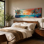 Panoramic tropical beach painting featuring tall palm trees framing a glowing sunset over turquoise ocean waves, with warm orange and pink sky tones reflecting across the water and expressive brushstrokes creating a vibrant coastal seascape scene.