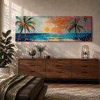 Panoramic tropical beach painting featuring tall palm trees framing a glowing sunset over turquoise ocean waves, with warm orange and pink sky tones reflecting across the water and expressive brushstrokes creating a vibrant coastal seascape scene.