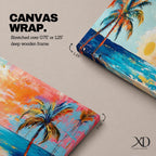 Panoramic tropical beach painting featuring tall palm trees framing a glowing sunset over turquoise ocean waves, with warm orange and pink sky tones reflecting across the water and expressive brushstrokes creating a vibrant coastal seascape scene.