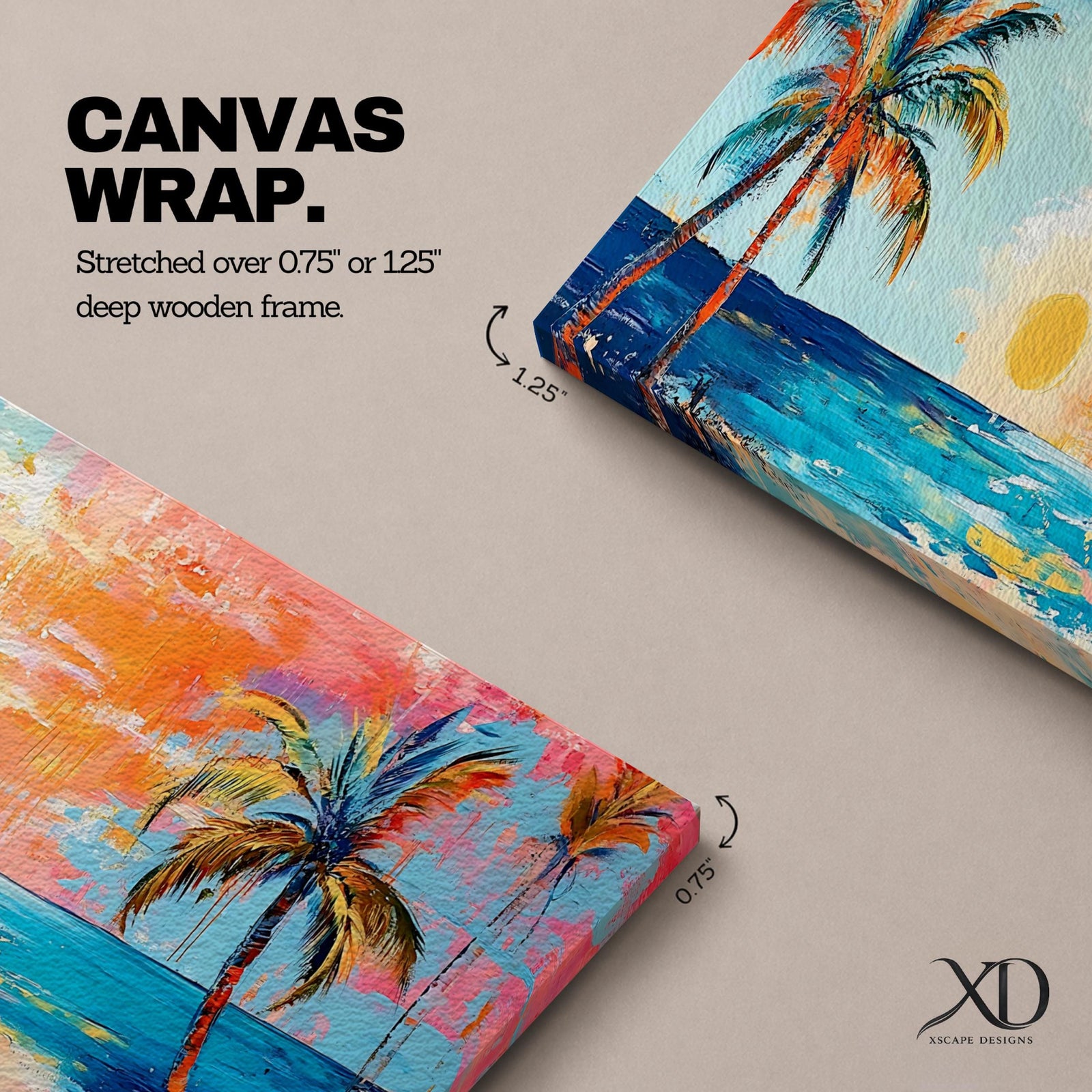 Panoramic tropical beach painting featuring tall palm trees framing a glowing sunset over turquoise ocean waves, with warm orange and pink sky tones reflecting across the water and expressive brushstrokes creating a vibrant coastal seascape scene.