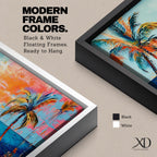 Panoramic tropical beach painting featuring tall palm trees framing a glowing sunset over turquoise ocean waves, with warm orange and pink sky tones reflecting across the water and expressive brushstrokes creating a vibrant coastal seascape scene.