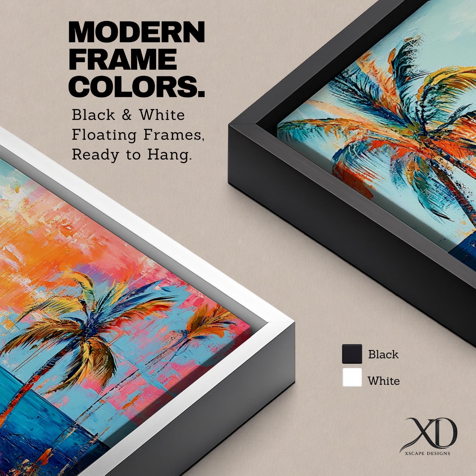 Panoramic tropical beach painting featuring tall palm trees framing a glowing sunset over turquoise ocean waves, with warm orange and pink sky tones reflecting across the water and expressive brushstrokes creating a vibrant coastal seascape scene.