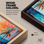 Panoramic tropical beach painting featuring tall palm trees framing a glowing sunset over turquoise ocean waves, with warm orange and pink sky tones reflecting across the water and expressive brushstrokes creating a vibrant coastal seascape scene.