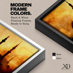 Panoramic artwork depicting a dramatic skyline of mosque domes and tall minarets silhouetted against a glowing golden sunset sky, with warm amber and orange tones diffused through atmospheric haze creating a striking Islamic architectural horizon.