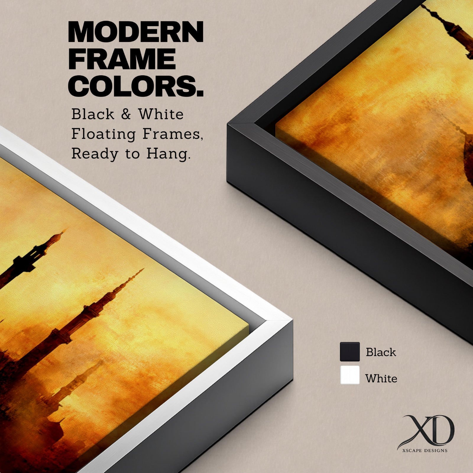 Panoramic artwork depicting a dramatic skyline of mosque domes and tall minarets silhouetted against a glowing golden sunset sky, with warm amber and orange tones diffused through atmospheric haze creating a striking Islamic architectural horizon.