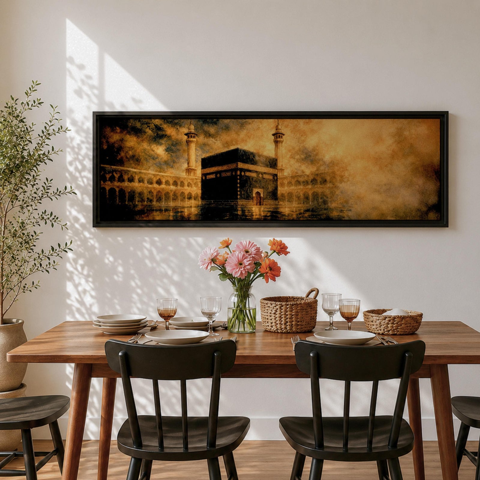 Panoramic artwork depicting the Kaaba in Mecca surrounded by the Masjid al-Haram courtyard with tall minarets rising through golden atmospheric light and dramatic clouds, creating a sacred Islamic architectural scene.