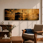 Panoramic artwork depicting the Kaaba in Mecca surrounded by the Masjid al-Haram courtyard with tall minarets rising through golden atmospheric light and dramatic clouds, creating a sacred Islamic architectural scene.