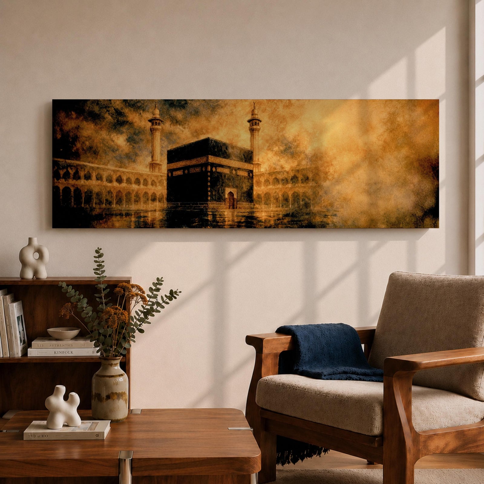 Panoramic artwork depicting the Kaaba in Mecca surrounded by the Masjid al-Haram courtyard with tall minarets rising through golden atmospheric light and dramatic clouds, creating a sacred Islamic architectural scene.