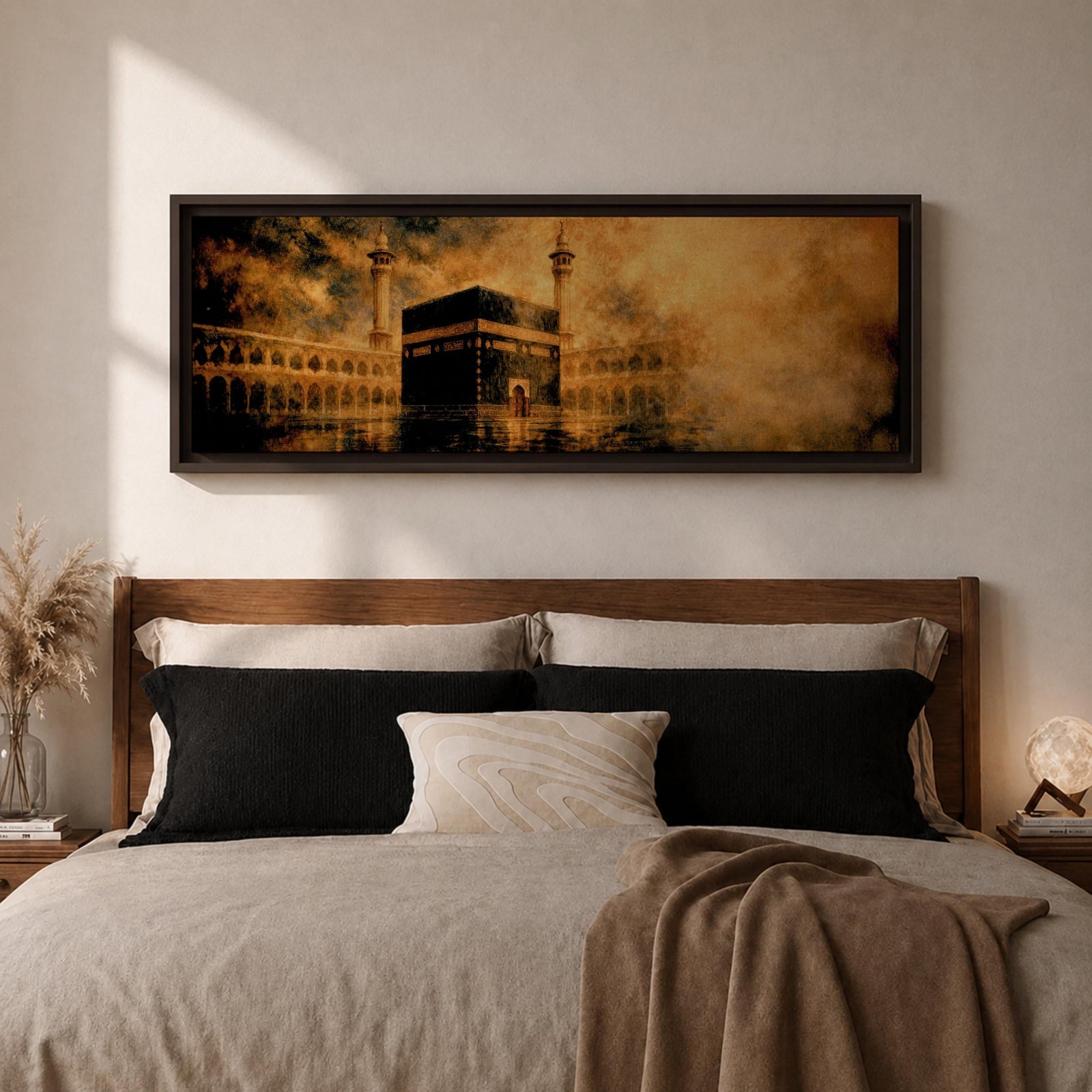 Panoramic artwork depicting the Kaaba in Mecca surrounded by the Masjid al-Haram courtyard with tall minarets rising through golden atmospheric light and dramatic clouds, creating a sacred Islamic architectural scene.