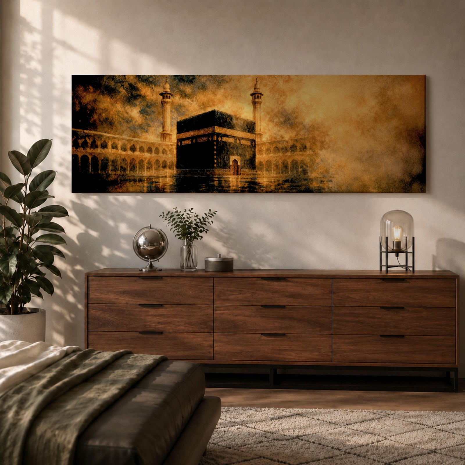 Panoramic artwork depicting the Kaaba in Mecca surrounded by the Masjid al-Haram courtyard with tall minarets rising through golden atmospheric light and dramatic clouds, creating a sacred Islamic architectural scene.