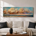 Panoramic coastal painting featuring dramatic sunset clouds above the ocean horizon with waves along a sandy beach, rendered in warm pastel sky tones and textured brushstrokes creating a peaceful seaside landscape.