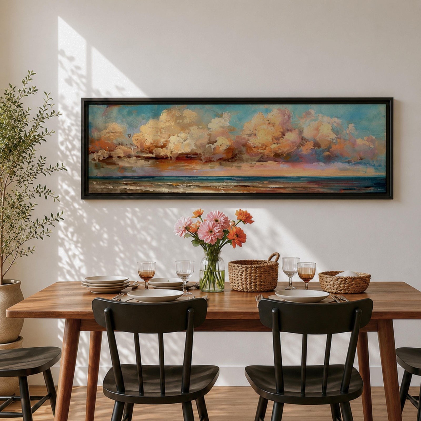 Panoramic coastal painting featuring dramatic sunset clouds above the ocean horizon with waves along a sandy beach, rendered in warm pastel sky tones and textured brushstrokes creating a peaceful seaside landscape.