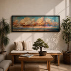 Panoramic coastal painting featuring dramatic sunset clouds above the ocean horizon with waves along a sandy beach, rendered in warm pastel sky tones and textured brushstrokes creating a peaceful seaside landscape.