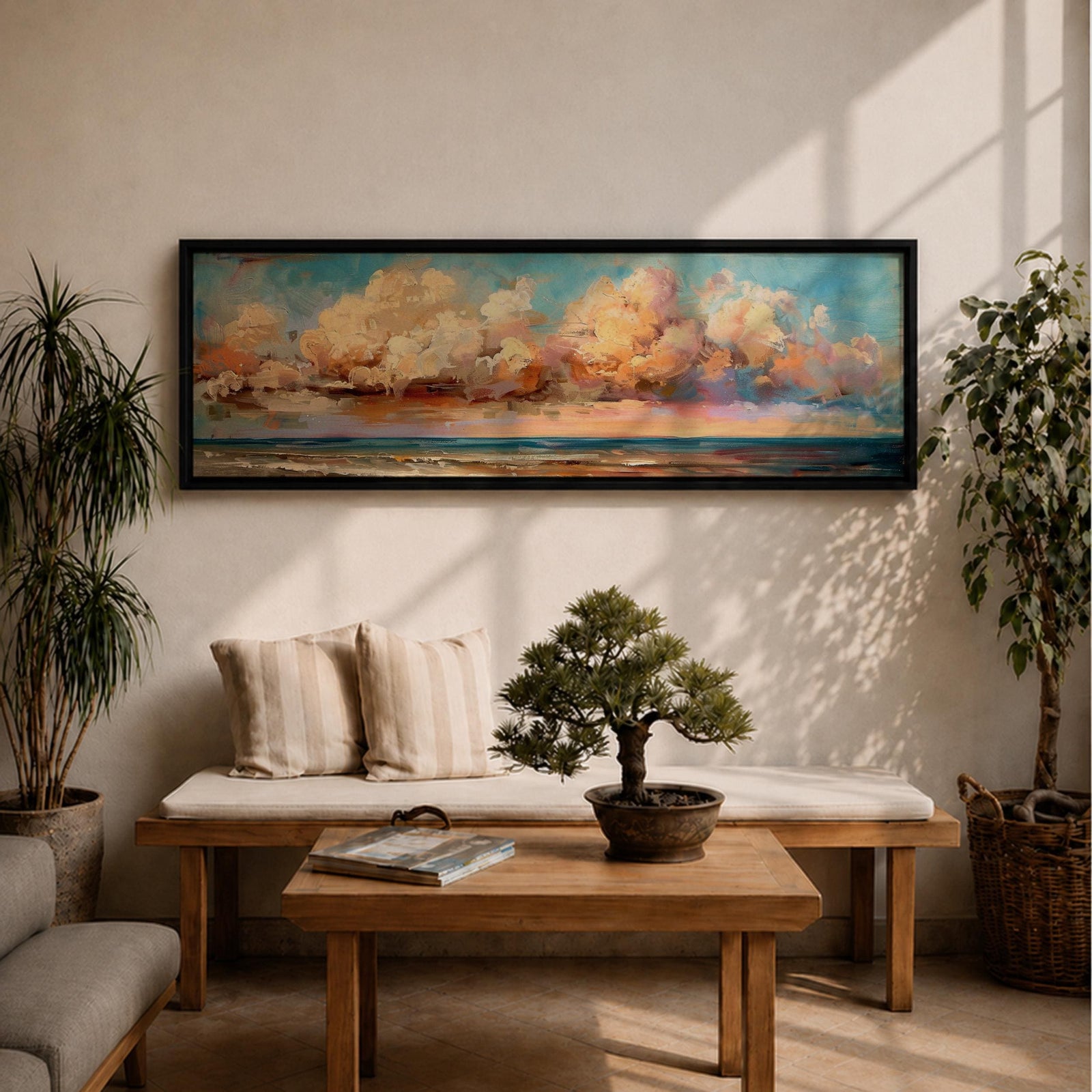 Panoramic coastal painting featuring dramatic sunset clouds above the ocean horizon with waves along a sandy beach, rendered in warm pastel sky tones and textured brushstrokes creating a peaceful seaside landscape.