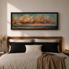 Panoramic coastal painting featuring dramatic sunset clouds above the ocean horizon with waves along a sandy beach, rendered in warm pastel sky tones and textured brushstrokes creating a peaceful seaside landscape.