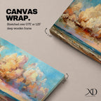 Panoramic coastal painting featuring dramatic sunset clouds above the ocean horizon with waves along a sandy beach, rendered in warm pastel sky tones and textured brushstrokes creating a peaceful seaside landscape.