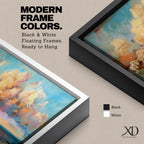 Panoramic coastal painting featuring dramatic sunset clouds above the ocean horizon with waves along a sandy beach, rendered in warm pastel sky tones and textured brushstrokes creating a peaceful seaside landscape.