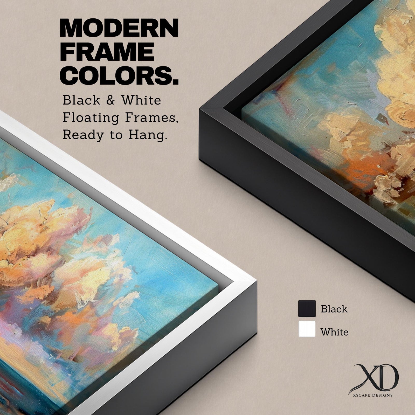 Panoramic coastal painting featuring dramatic sunset clouds above the ocean horizon with waves along a sandy beach, rendered in warm pastel sky tones and textured brushstrokes creating a peaceful seaside landscape.