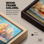 Panoramic coastal painting featuring dramatic sunset clouds above the ocean horizon with waves along a sandy beach, rendered in warm pastel sky tones and textured brushstrokes creating a peaceful seaside landscape.