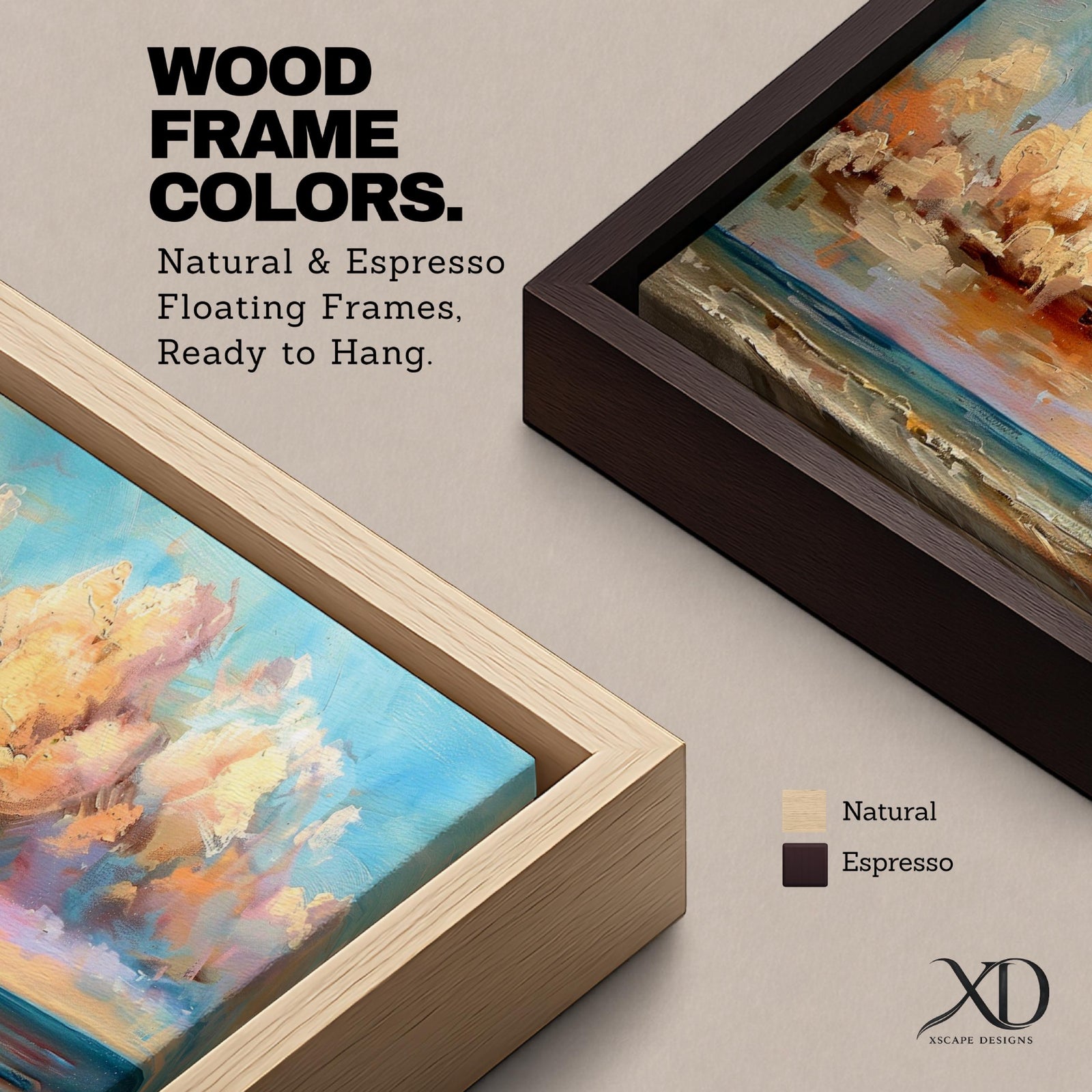 Panoramic coastal painting featuring dramatic sunset clouds above the ocean horizon with waves along a sandy beach, rendered in warm pastel sky tones and textured brushstrokes creating a peaceful seaside landscape.