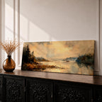 Panoramic landscape painting featuring a calm lake at sunset with pine trees along the shoreline and golden light reflecting across still water, creating a peaceful rustic nature scene with warm earthy tones.