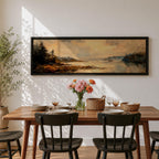 Panoramic landscape painting featuring a calm lake at sunset with pine trees along the shoreline and golden light reflecting across still water, creating a peaceful rustic nature scene with warm earthy tones.