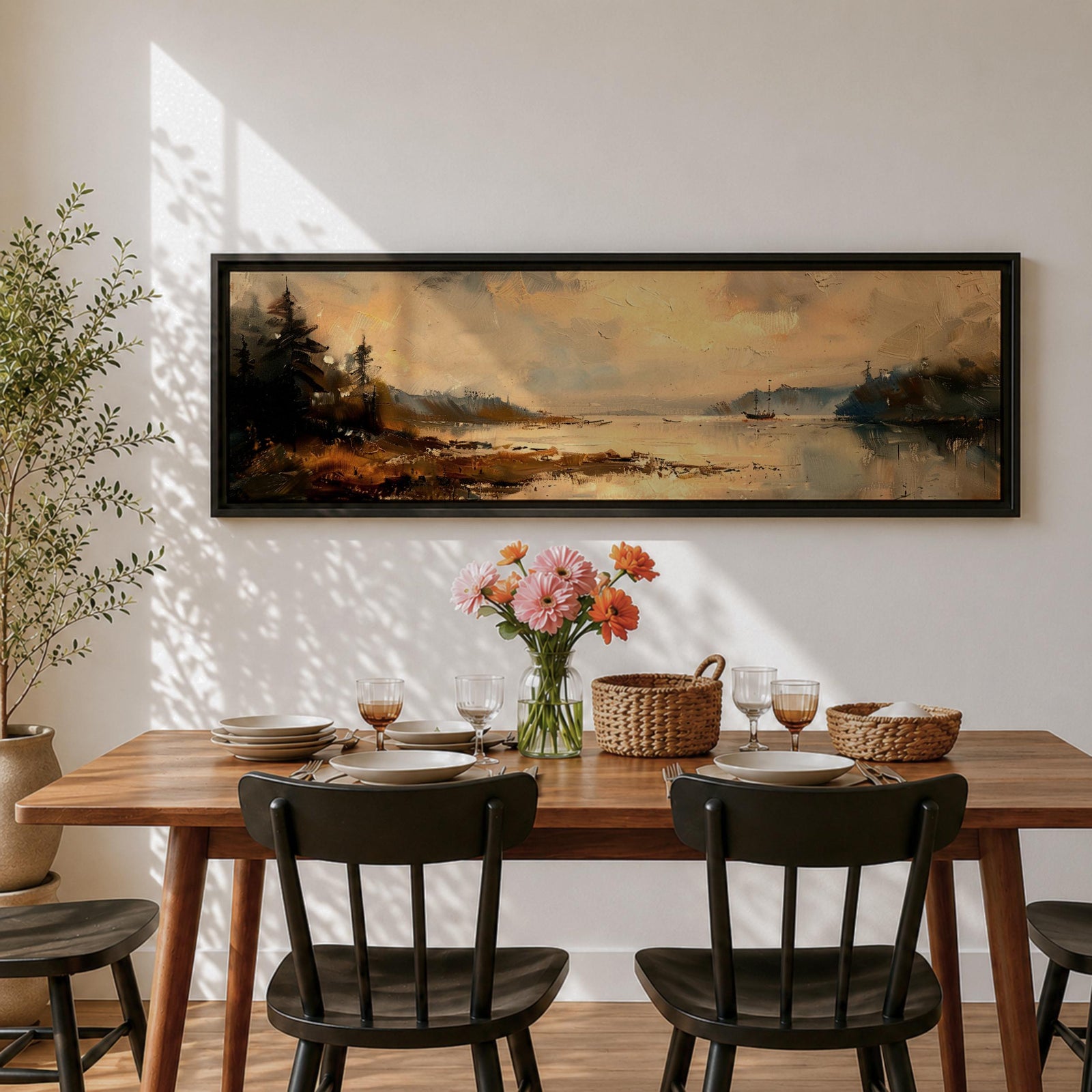 Panoramic landscape painting featuring a calm lake at sunset with pine trees along the shoreline and golden light reflecting across still water, creating a peaceful rustic nature scene with warm earthy tones.