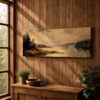 Panoramic landscape painting featuring a calm lake at sunset with pine trees along the shoreline and golden light reflecting across still water, creating a peaceful rustic nature scene with warm earthy tones.