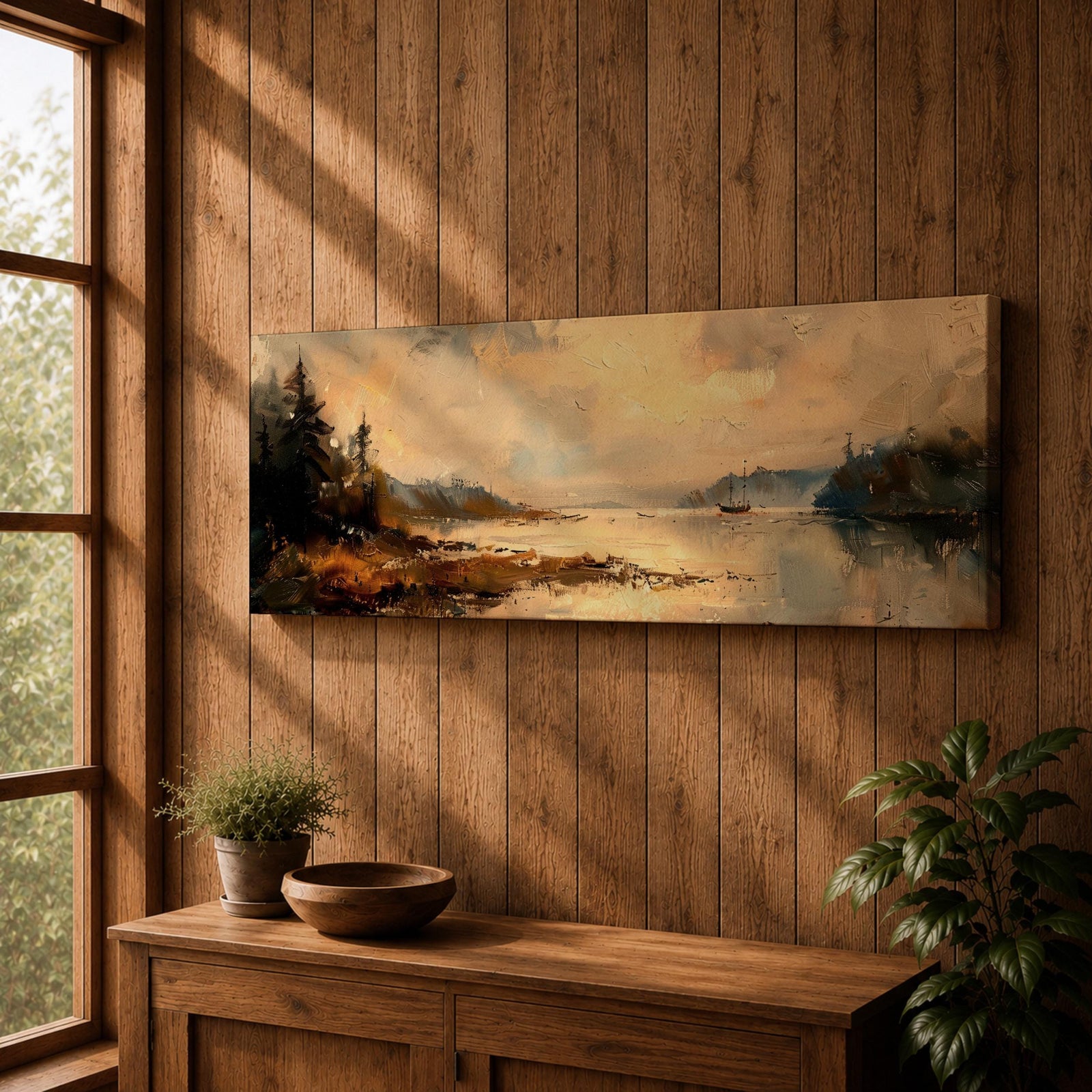 Panoramic landscape painting featuring a calm lake at sunset with pine trees along the shoreline and golden light reflecting across still water, creating a peaceful rustic nature scene with warm earthy tones.