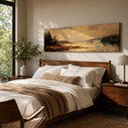 Panoramic landscape painting featuring a calm lake at sunset with pine trees along the shoreline and golden light reflecting across still water, creating a peaceful rustic nature scene with warm earthy tones.