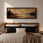 Panoramic landscape painting featuring a calm lake at sunset with pine trees along the shoreline and golden light reflecting across still water, creating a peaceful rustic nature scene with warm earthy tones.