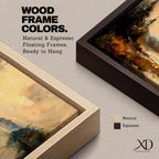 Panoramic landscape painting featuring a calm lake at sunset with pine trees along the shoreline and golden light reflecting across still water, creating a peaceful rustic nature scene with warm earthy tones.