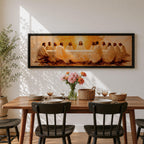 Panoramic religious painting depicting Jesus and the twelve disciples gathered around the Last Supper table illuminated by warm golden light, creating a sacred Christian biblical scene.