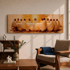 Panoramic religious painting depicting Jesus and the twelve disciples gathered around the Last Supper table illuminated by warm golden light, creating a sacred Christian biblical scene.