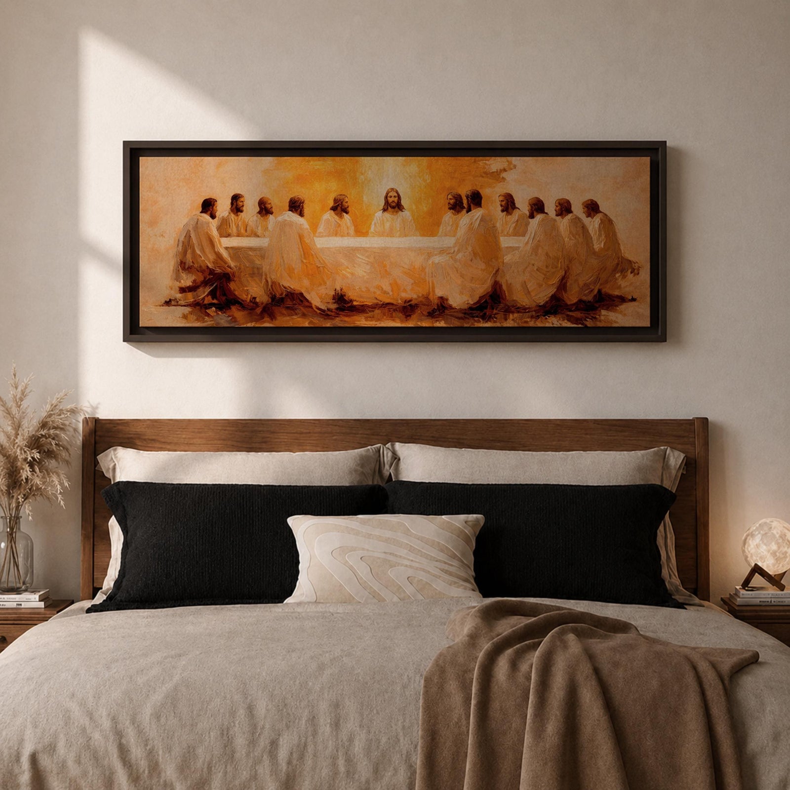 Panoramic religious painting depicting Jesus and the twelve disciples gathered around the Last Supper table illuminated by warm golden light, creating a sacred Christian biblical scene.