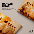 Panoramic religious painting depicting Jesus and the twelve disciples gathered around the Last Supper table illuminated by warm golden light, creating a sacred Christian biblical scene.