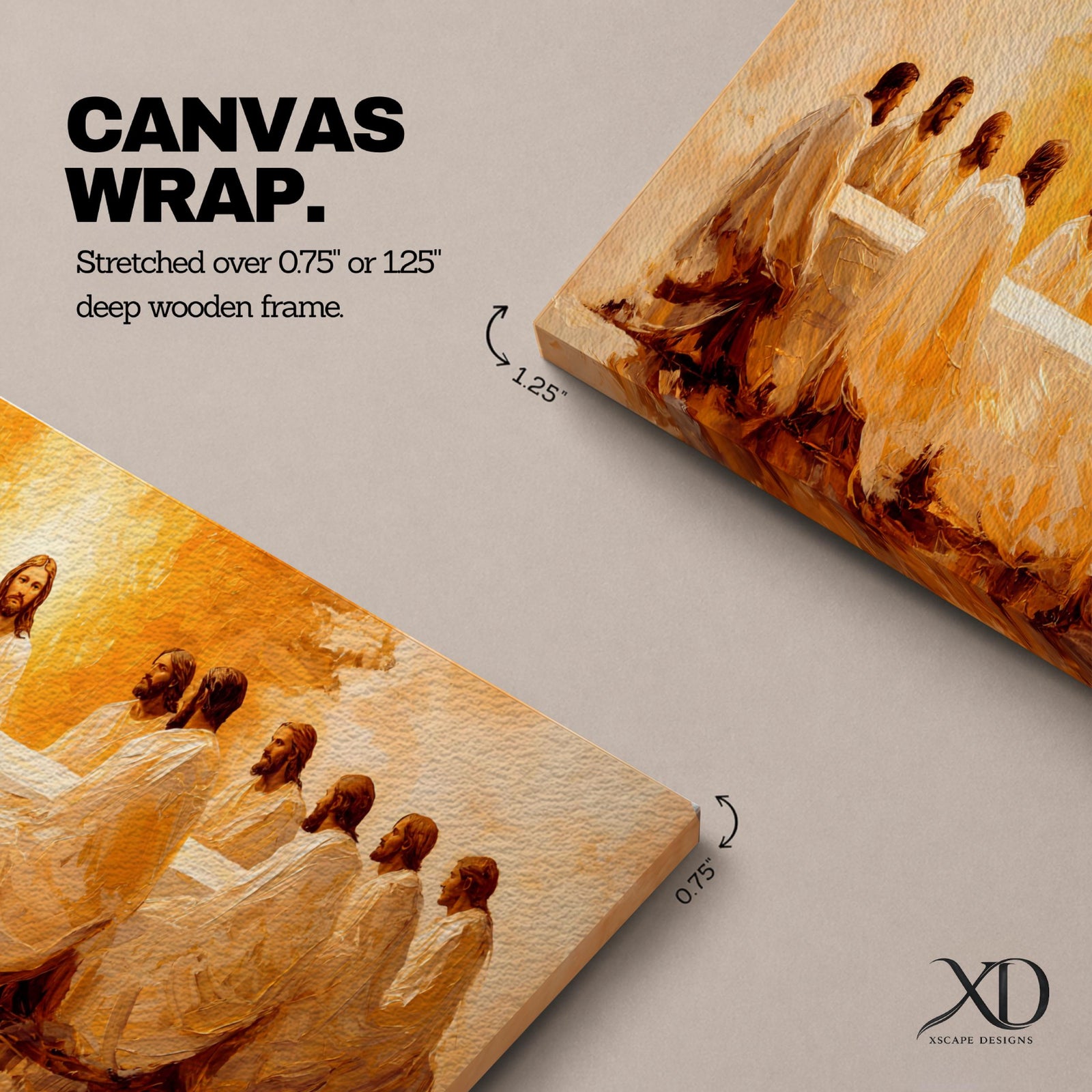 Panoramic religious painting depicting Jesus and the twelve disciples gathered around the Last Supper table illuminated by warm golden light, creating a sacred Christian biblical scene.