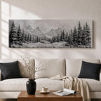 Panoramic monochrome landscape artwork depicting snow covered mountains and a dense pine forest with a winter valley scene rendered in black and white tones.