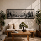 Panoramic monochrome landscape artwork depicting snow covered mountains and a dense pine forest with a winter valley scene rendered in black and white tones.