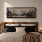 Panoramic monochrome landscape artwork depicting snow covered mountains and a dense pine forest with a winter valley scene rendered in black and white tones.