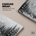 Panoramic monochrome landscape artwork depicting snow covered mountains and a dense pine forest with a winter valley scene rendered in black and white tones.