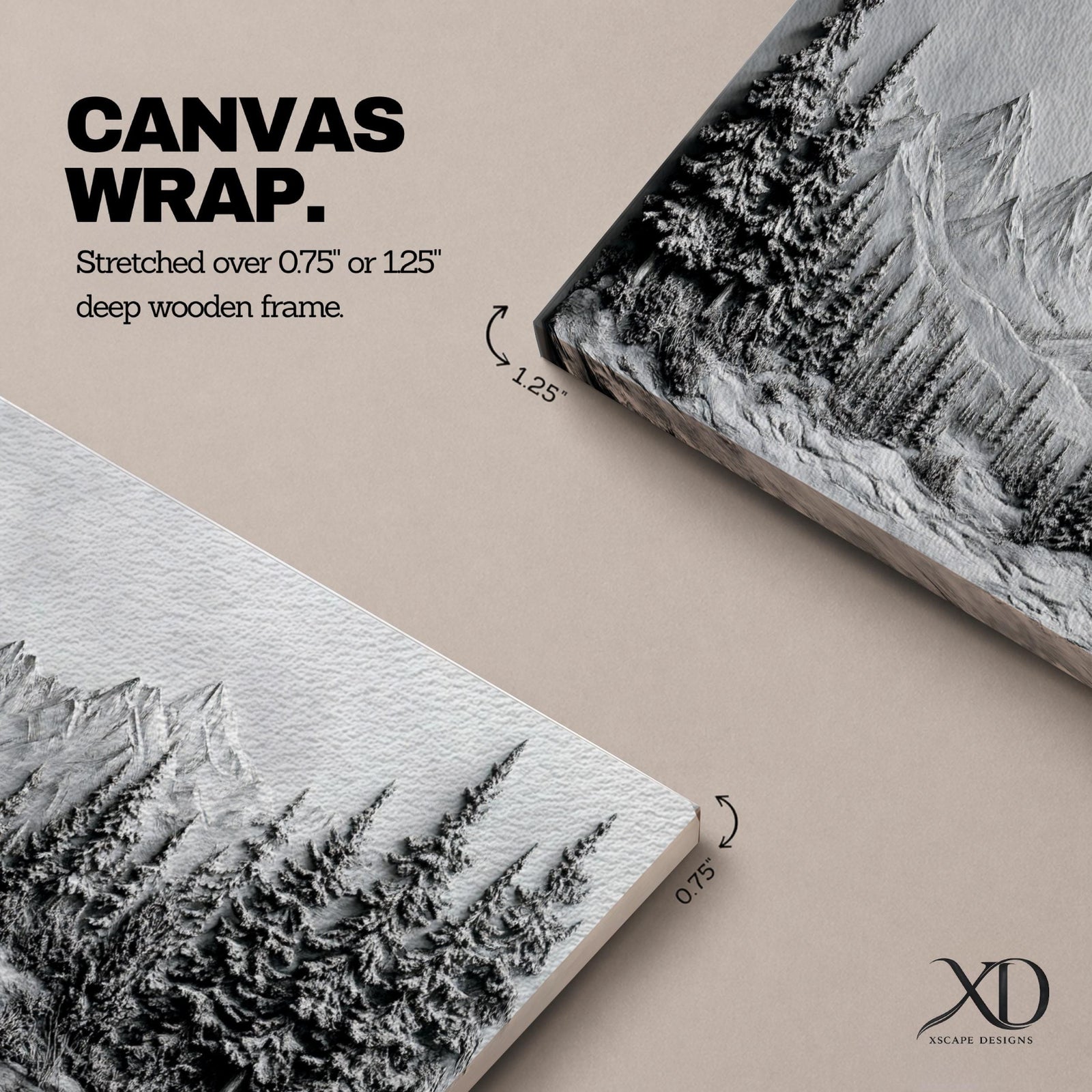 Panoramic monochrome landscape artwork depicting snow covered mountains and a dense pine forest with a winter valley scene rendered in black and white tones.