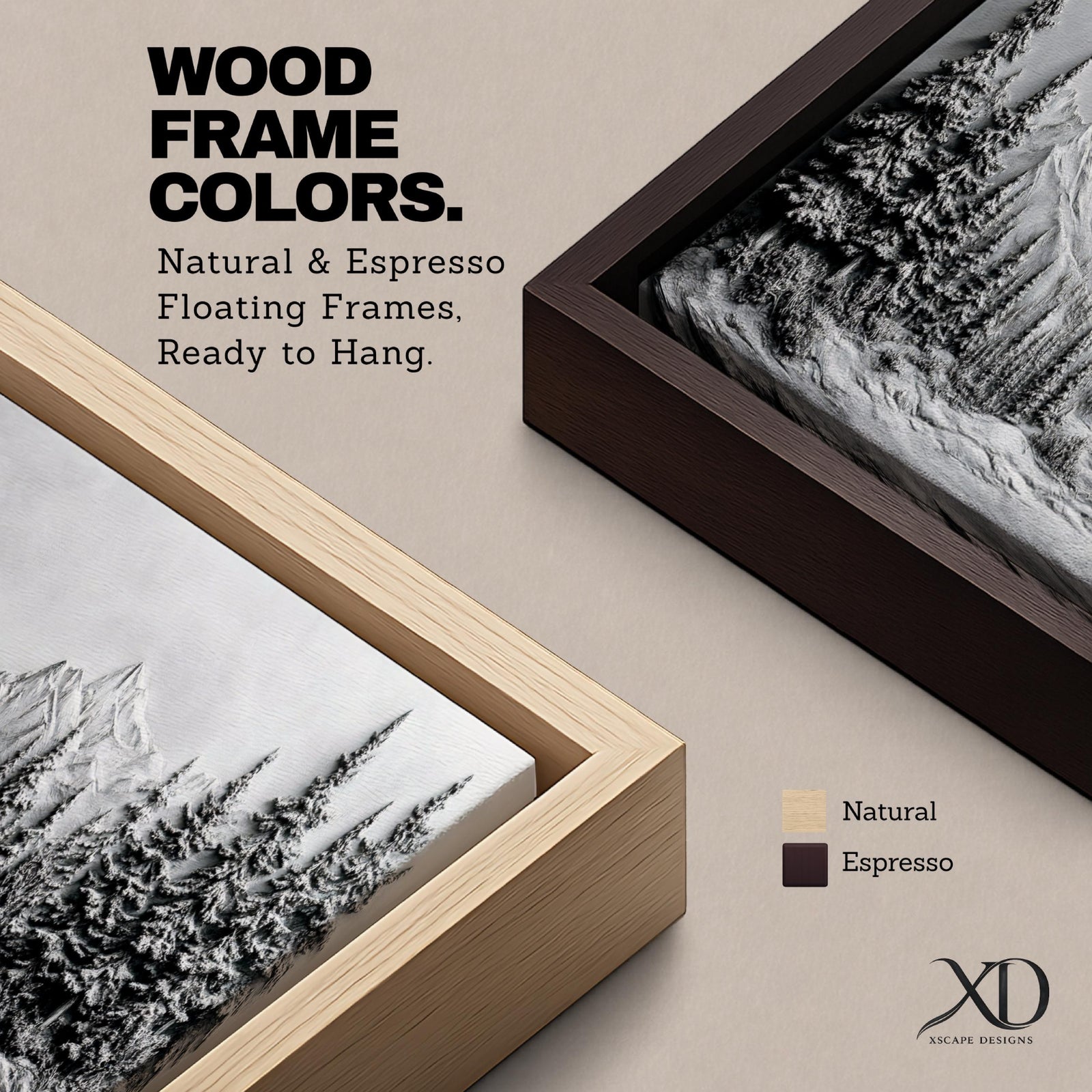 Panoramic monochrome landscape artwork depicting snow covered mountains and a dense pine forest with a winter valley scene rendered in black and white tones.