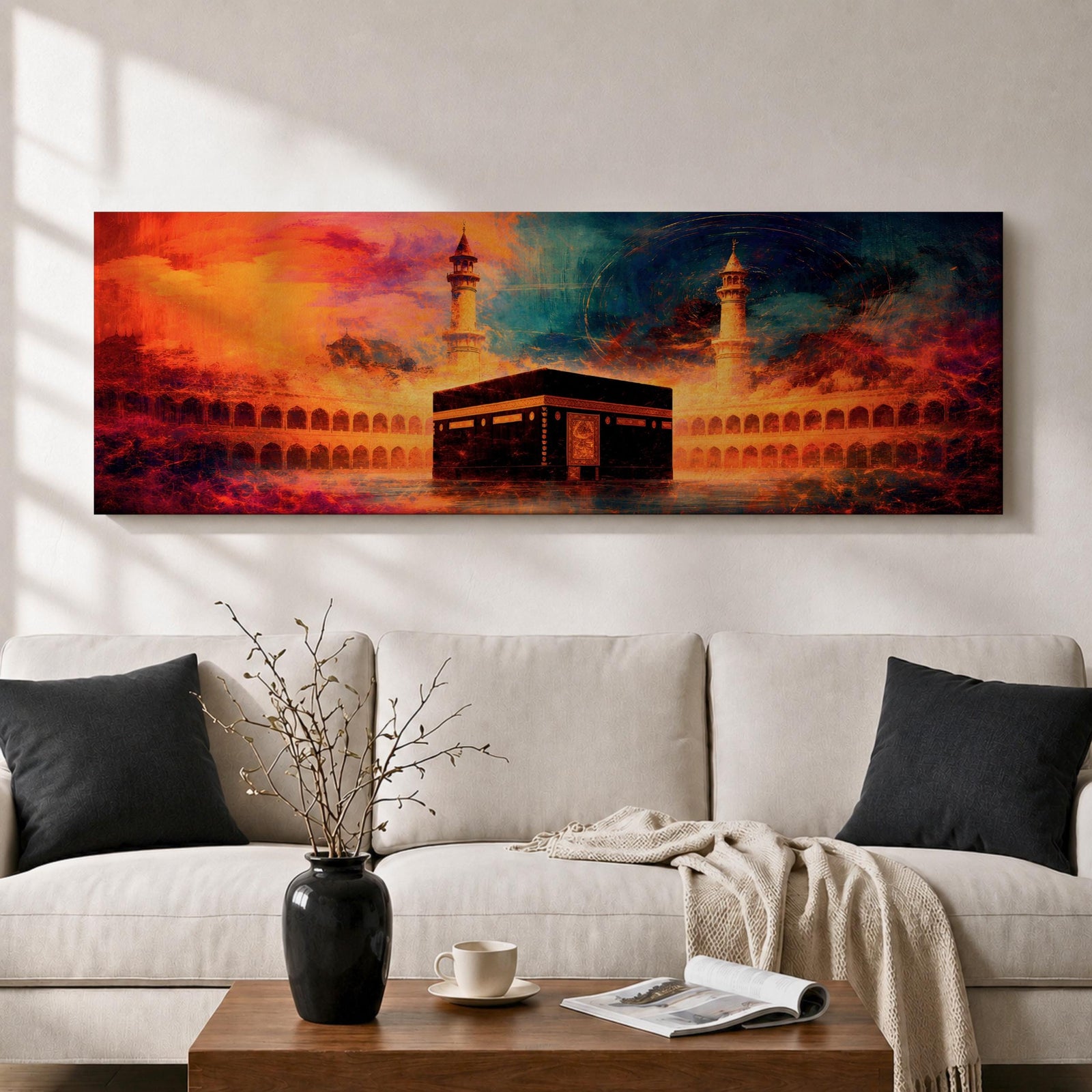 Panoramic artwork depicting the Kaaba in Mecca inside Masjid al-Haram surrounded by mosque arches and minarets with dramatic abstract sunset colors and glowing atmospheric light.
